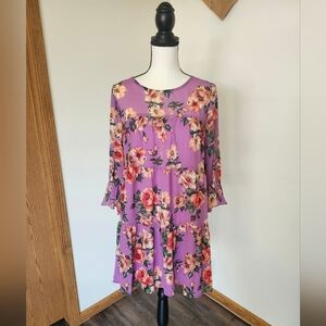 Umgee Purple Floral Long Ruffle Sleeved Tiered Dress